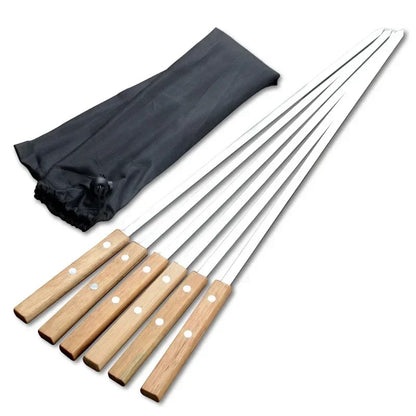 6-Piece Metal BBQ Skewer Set with Natural Beech Handles and Storage Bag