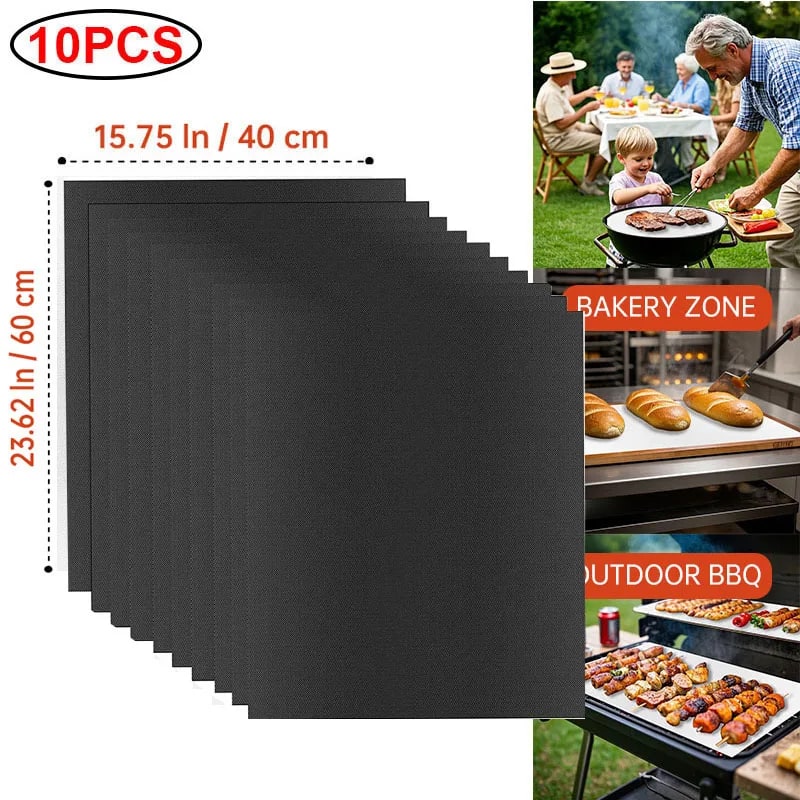 Black Teflon BBQ Grill Mat 40 x 33 cm Reusable Non-Stick Cooking Sheet - 40x60 10pcs