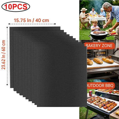 Black Teflon BBQ Grill Mat 40 x 33 cm Reusable Non-Stick Cooking Sheet - 40x60 10pcs
