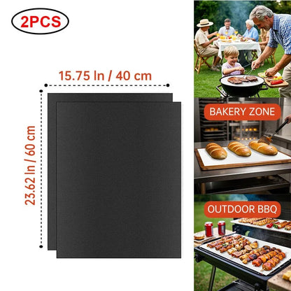Black Teflon BBQ Grill Mat 40 x 33 cm Reusable Non-Stick Cooking Sheet - 40x60 2pcs