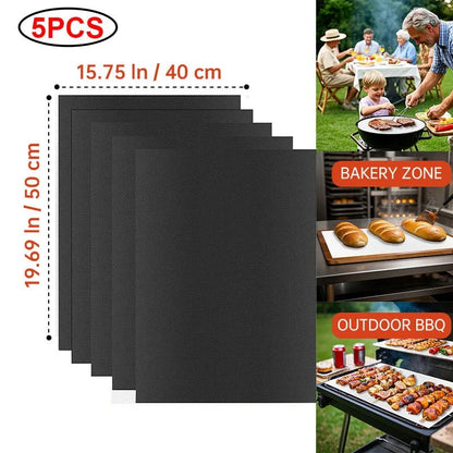 Black Teflon BBQ Grill Mat 40 x 33 cm Reusable Non-Stick Cooking Sheet - 5pcs 50X40CM