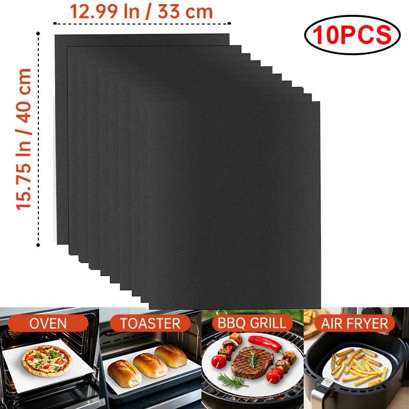 Black Teflon BBQ Grill Mat 40 x 33 cm Reusable Non-Stick Cooking Sheet - 10pcs 33X40cm
