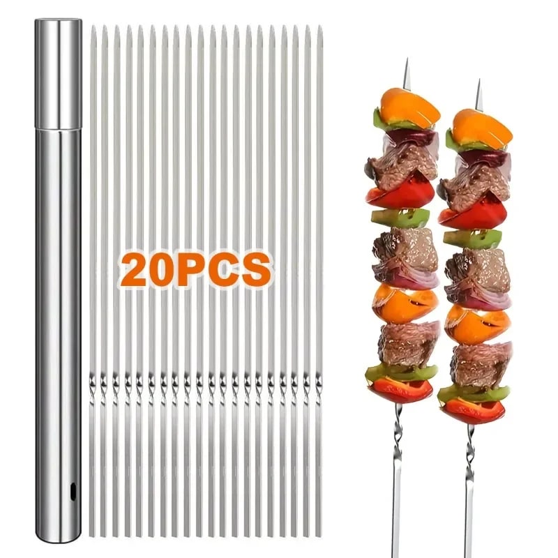 20 Stainless Steel Flat Barbecue Skewers, 350mm, Reusable with Storage Tube
