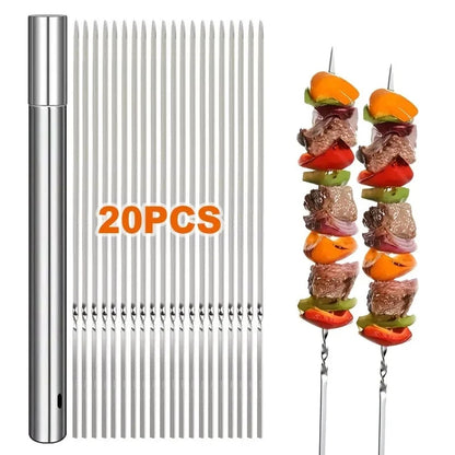 20 Stainless Steel Flat Barbecue Skewers, 350mm, Reusable with Storage Tube