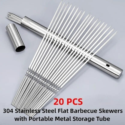 20 Stainless Steel Flat Barbecue Skewers, 350mm, Reusable with Storage Tube