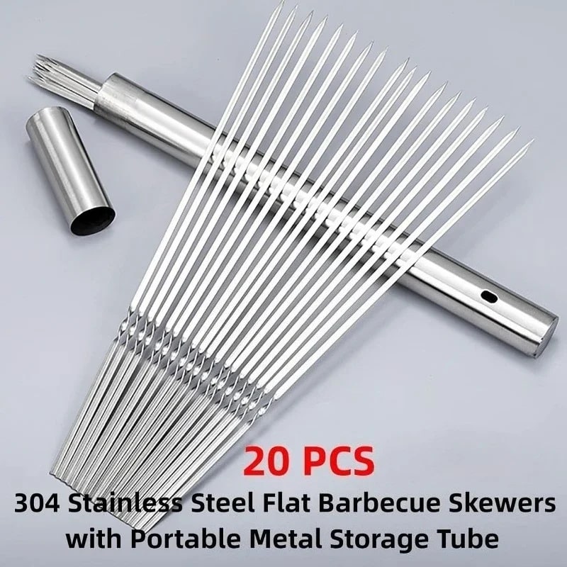 20 Stainless Steel Flat Barbecue Skewers, 350mm, Reusable with Storage Tube