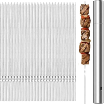 20 Stainless Steel Flat Barbecue Skewers, 350mm, Reusable with Storage Tube