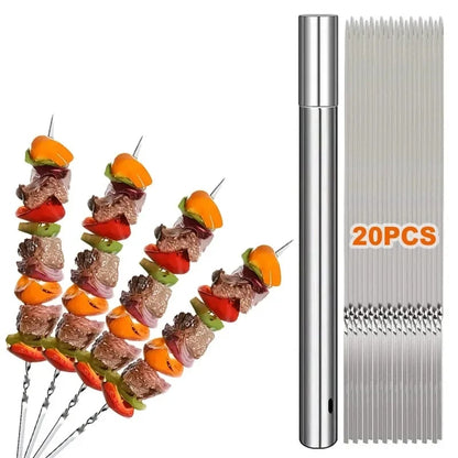 20 Stainless Steel Flat Barbecue Skewers, 350mm, Reusable with Storage Tube