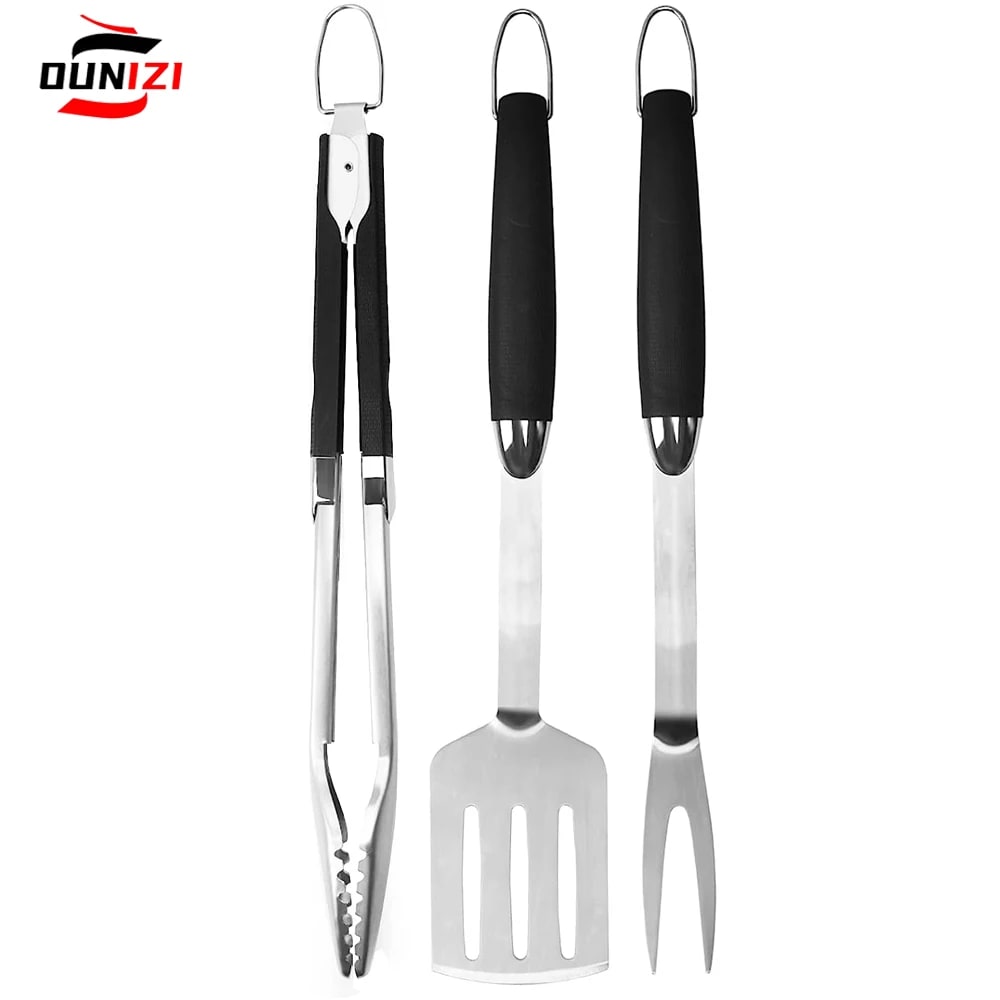 OUNIZI Stainless Steel BBQ Tool Set with Tongs, Spatula and Fork, 18-Inch