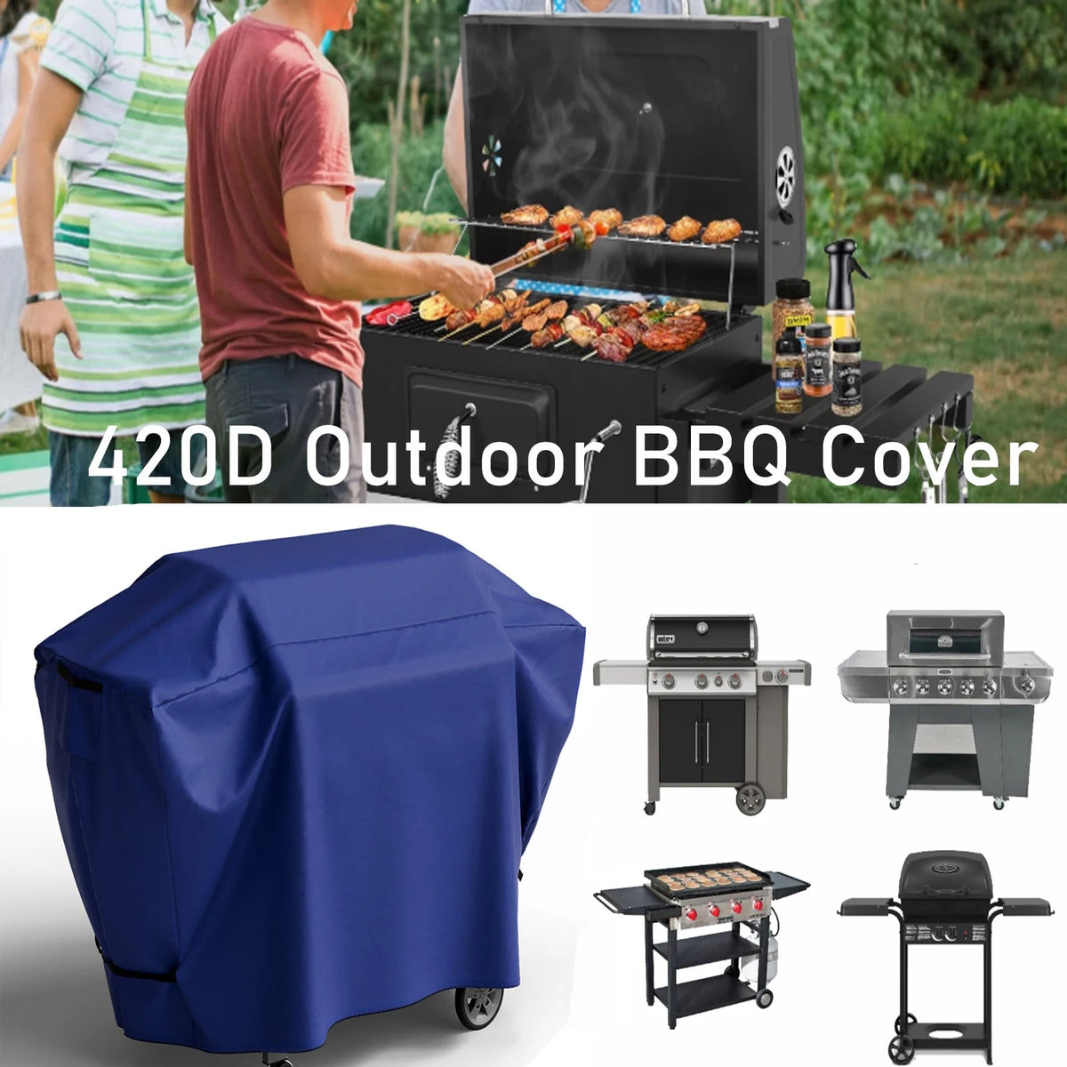 Waterproof Outdoor BBQ Grill Cover with Adjustable Hem and Hook-and-Loop Straps