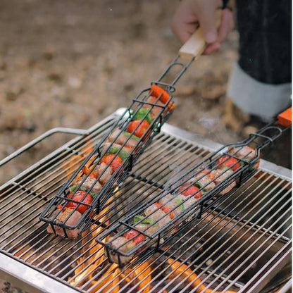 Barbecue Grilling Cage Skewers with Wooden Handles, 2 Piece Set, 49 cm