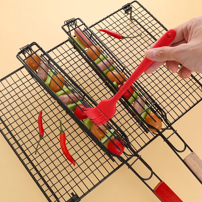Barbecue Grilling Cage Skewers with Wooden Handles, 2 Piece Set, 49 cm