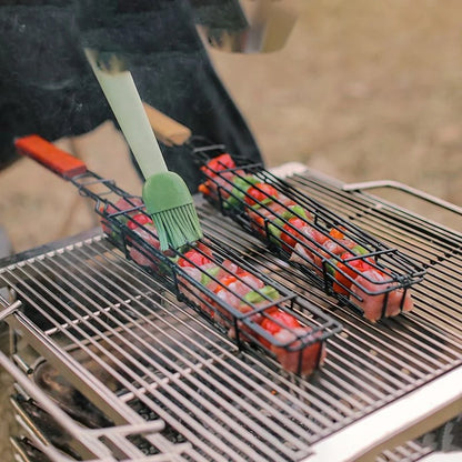 Barbecue Grilling Cage Skewers with Wooden Handles, 2 Piece Set, 49 cm