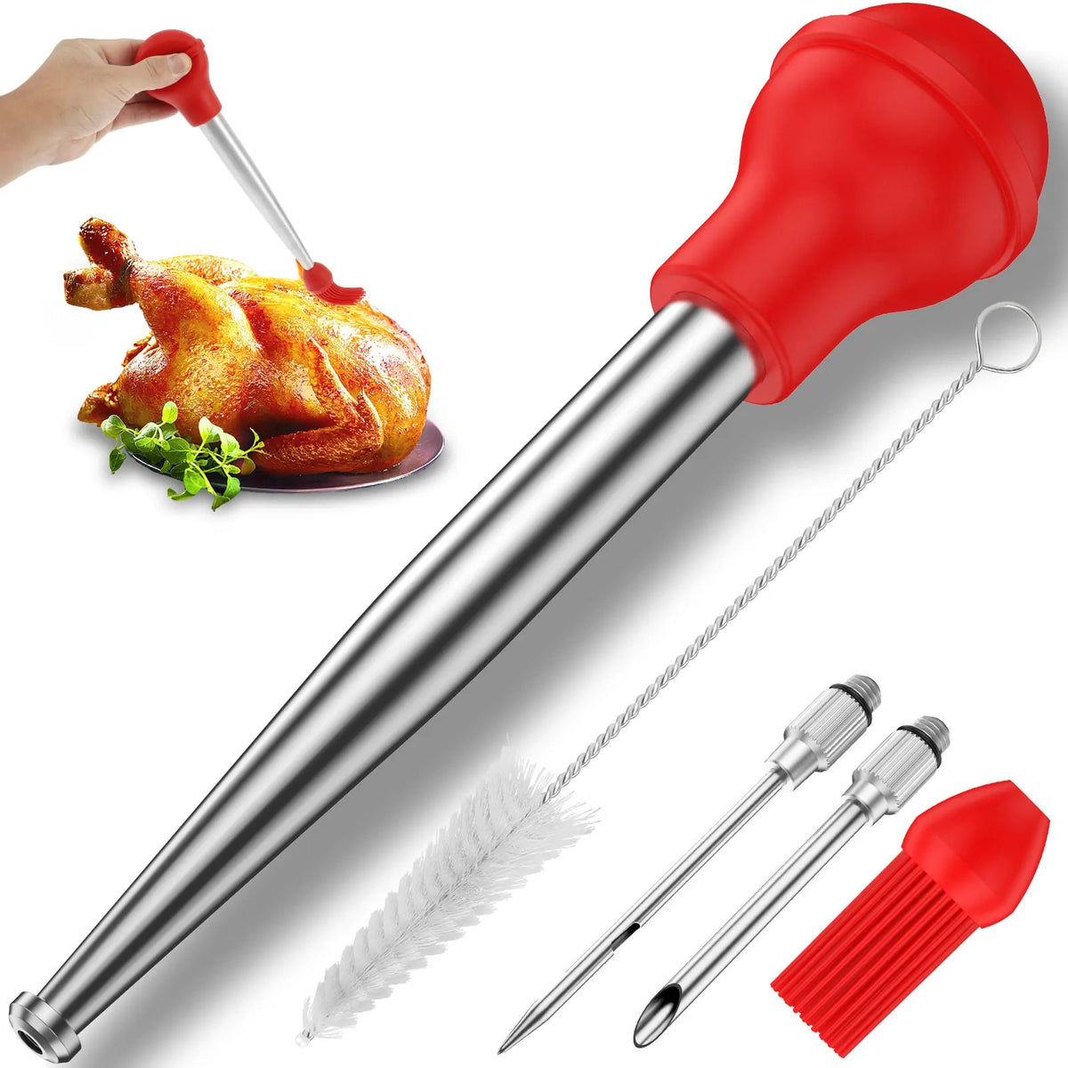 Turkey Baster Meat Marinade Injector with Two Needles, Metal Syringe - style5 Red