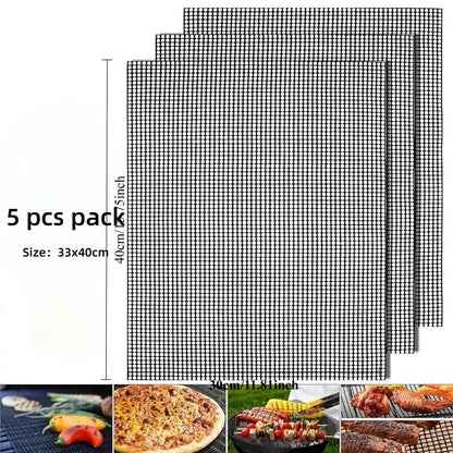 Black Metal Mesh Grill Mats, 5 Pack, 33 x 40cm, Reusable BBQ Mats