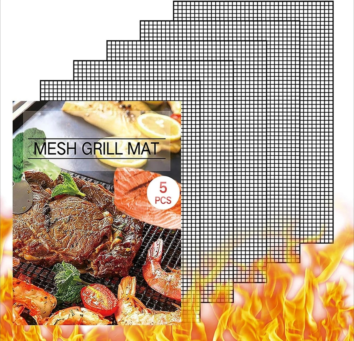 Black Metal Mesh Grill Mats, 5 Pack, 33 x 40cm, Reusable BBQ Mats