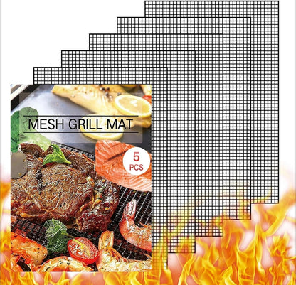 Black Metal Mesh Grill Mats, 5 Pack, 33 x 40cm, Reusable BBQ Mats