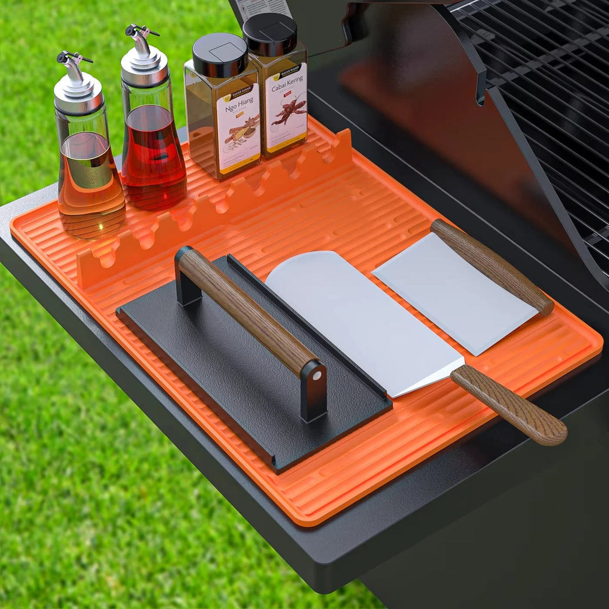 Silicone BBQ Side Shelf Mat with Utensil Holder, 47.8 x 29.2 cm