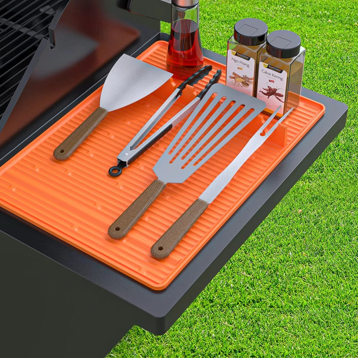 Silicone BBQ Side Shelf Mat with Utensil Holder, 47.8 x 29.2 cm