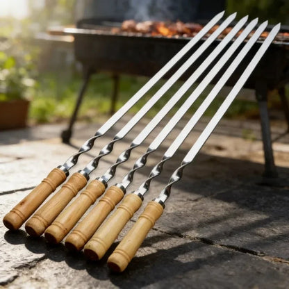Metal BBQ Fork Skewers 55cm with Wooden Handles, 6 Piece Kebab Set