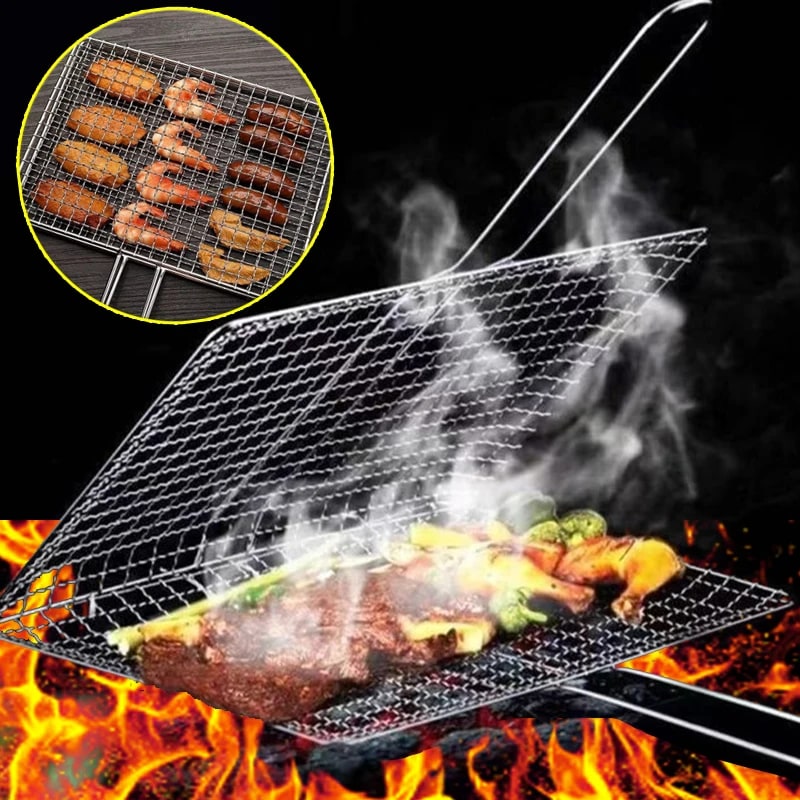 Rectangular BBQ Grill Basket Metal Mesh Tongs, Silver, S or M