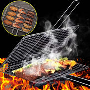 Rectangular BBQ Grill Basket Metal Mesh Tongs, Silver, S or M