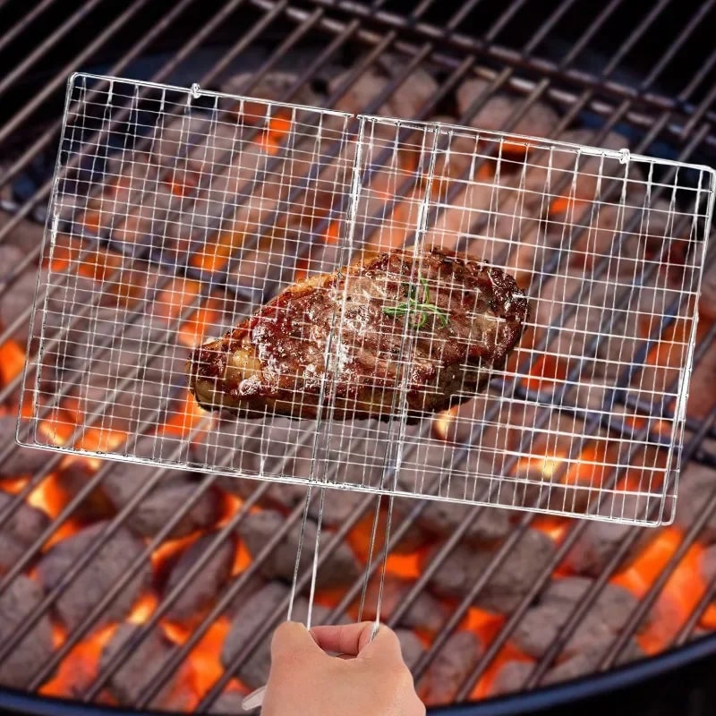 Rectangular BBQ Grill Basket Metal Mesh Tongs, Silver, S or M