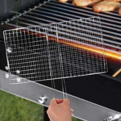 Rectangular BBQ Grill Basket Metal Mesh Tongs, Silver, S or M
