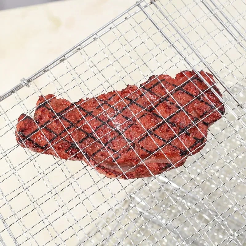 Rectangular BBQ Grill Basket Metal Mesh Tongs, Silver, S or M