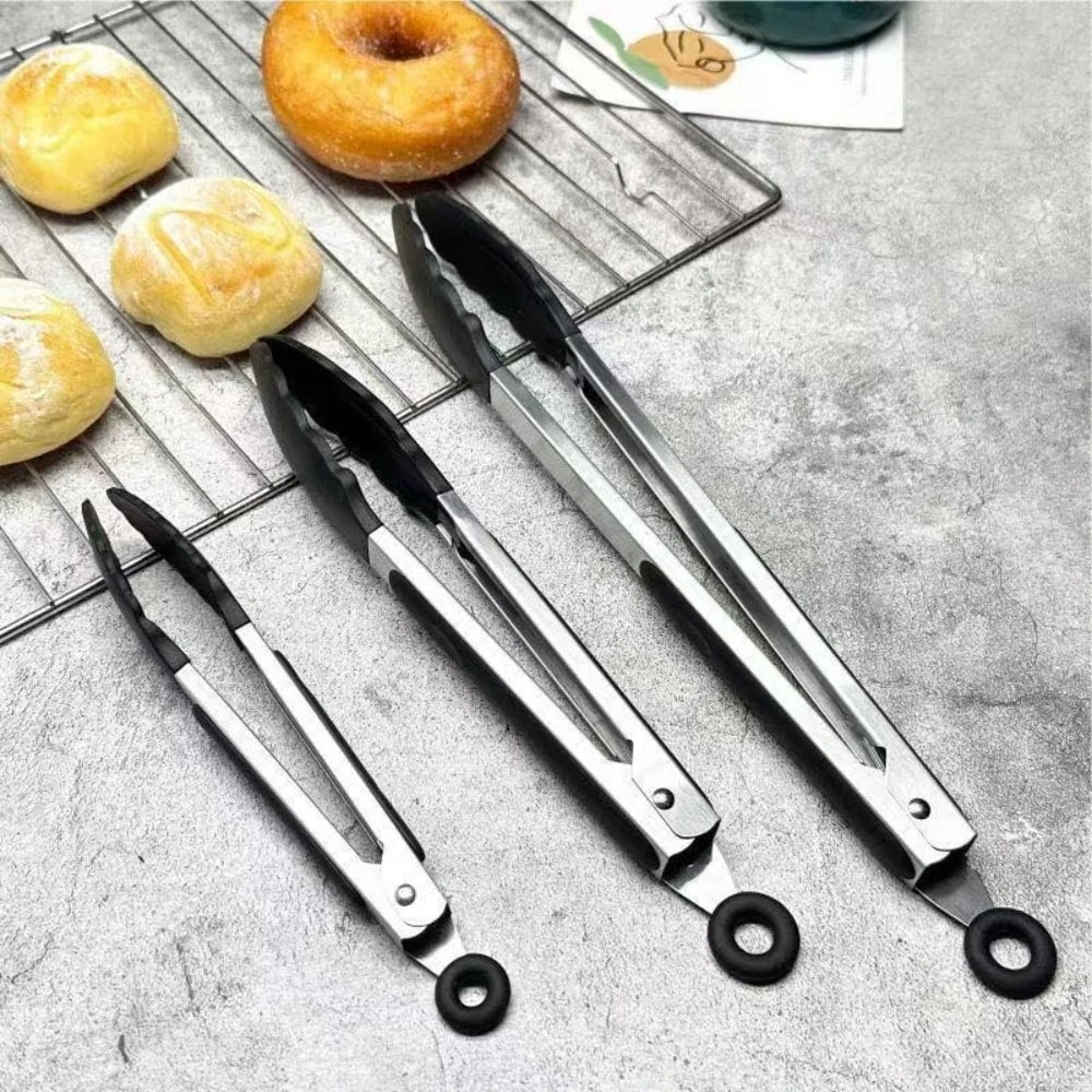 Silicone-Tip Kitchen Tongs, Stainless Steel, 7/9/12 Inch Locking BBQ Tongs