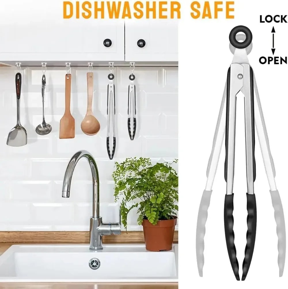 Silicone-Tip Kitchen Tongs, Stainless Steel, 7/9/12 Inch Locking BBQ Tongs