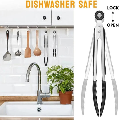Silicone-Tip Kitchen Tongs, Stainless Steel, 7/9/12 Inch Locking BBQ Tongs