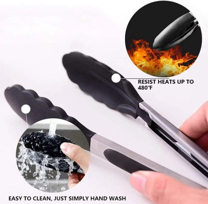 Silicone-Tip Kitchen Tongs, Stainless Steel, 7/9/12 Inch Locking BBQ Tongs