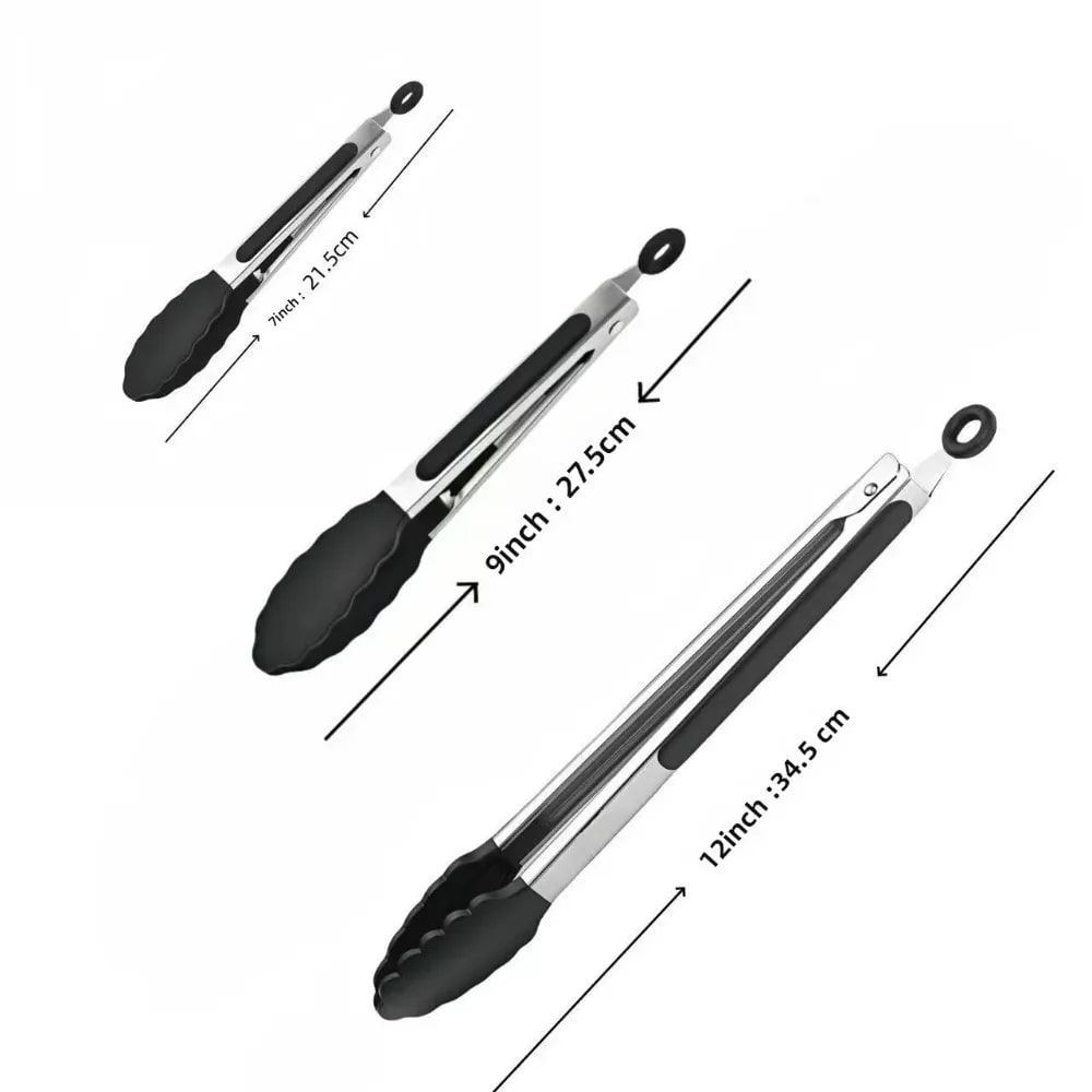 Silicone-Tip Kitchen Tongs, Stainless Steel, 7/9/12 Inch Locking BBQ Tongs