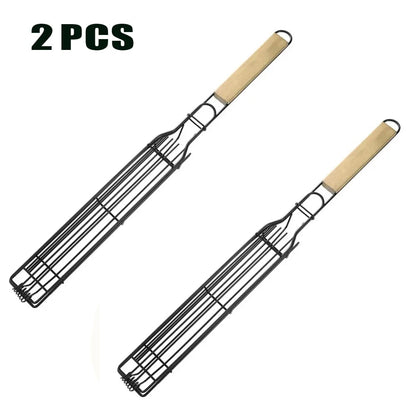 Foldable Metal Grilling Basket with Wooden Handle, 49cm, 2 Pack - 2pcs primary color