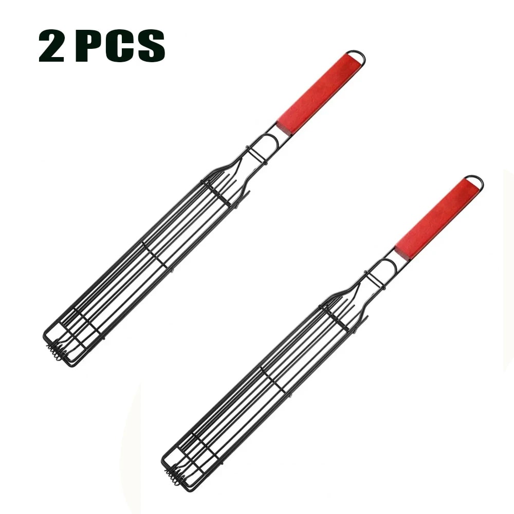 Foldable Metal Grilling Basket with Wooden Handle, 49cm, 2 Pack - 2pcs red