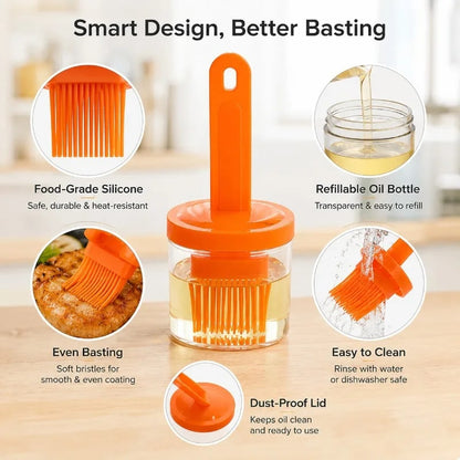 Silicone Basting Brush with Refillable Oil Bottle, 17cm BBQ Brush, 4 Colours