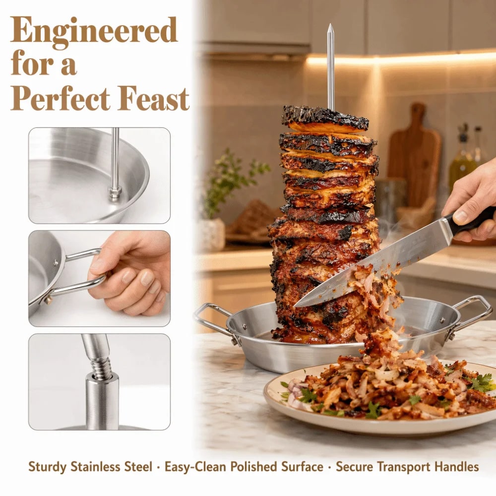 Vertical Skewer Roasting Pan Set with 3 Removable Spikes, 2 Brushes, Silver