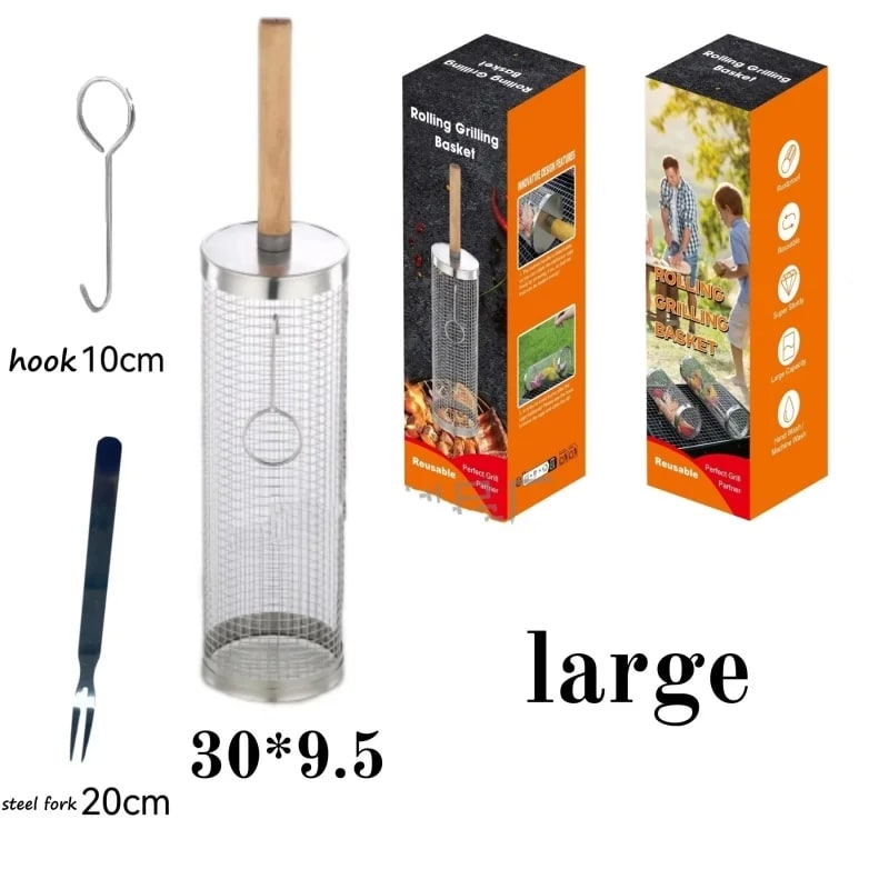 Stainless Steel Rolling BBQ Basket with Removable Handle, Small or Large