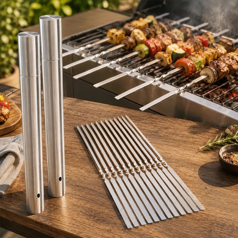 Flat Stainless Steel BBQ Skewers with Storage Tube, Reusable Kebab Grill Sticks