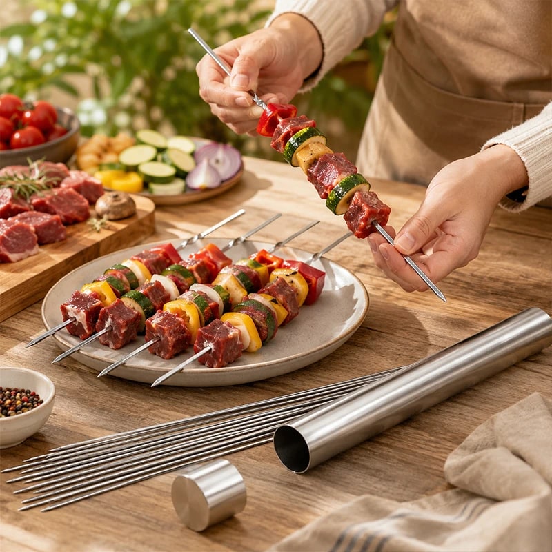 Flat Stainless Steel BBQ Skewers with Storage Tube, Reusable Kebab Grill Sticks