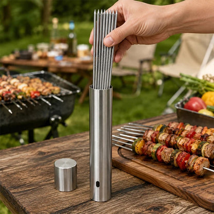 Flat Stainless Steel BBQ Skewers with Storage Tube, Reusable Kebab Grill Sticks
