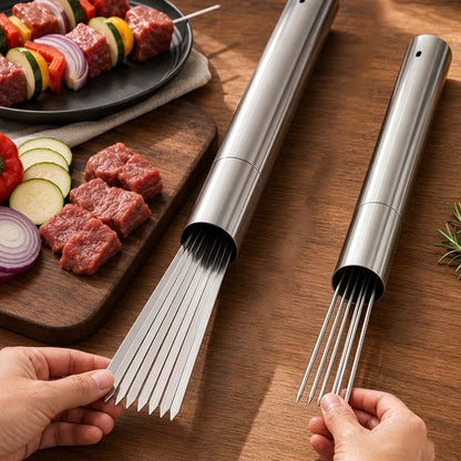 Flat Stainless Steel BBQ Skewers with Storage Tube, Reusable Kebab Grill Sticks