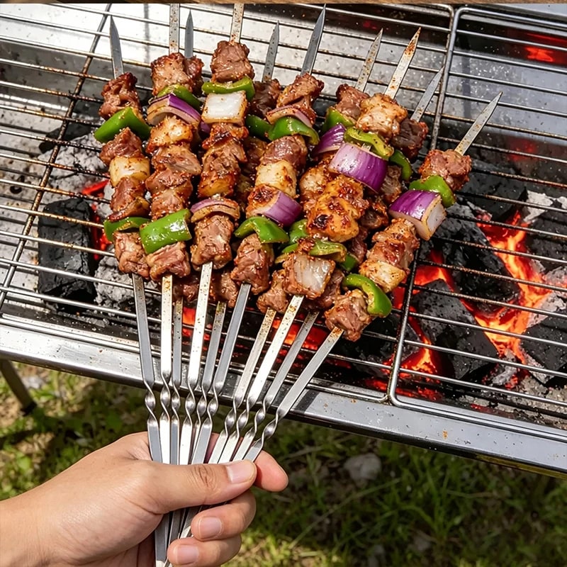 Flat Stainless Steel BBQ Skewers with Storage Tube, Reusable Kebab Grill Sticks