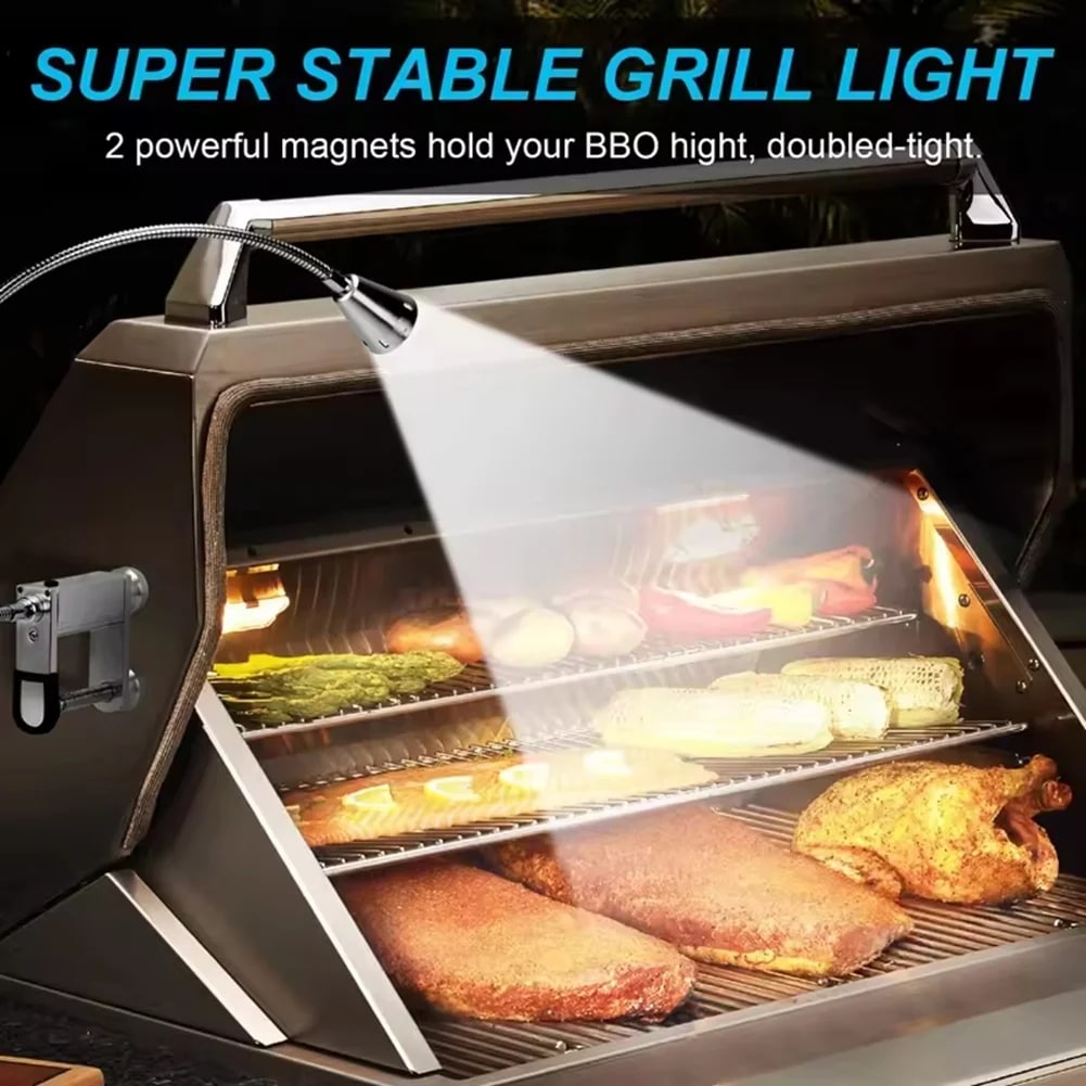 LED BBQ Grill Light with Flexible 360° Gooseneck, Magnetic Base and Screw Clamp, Silver