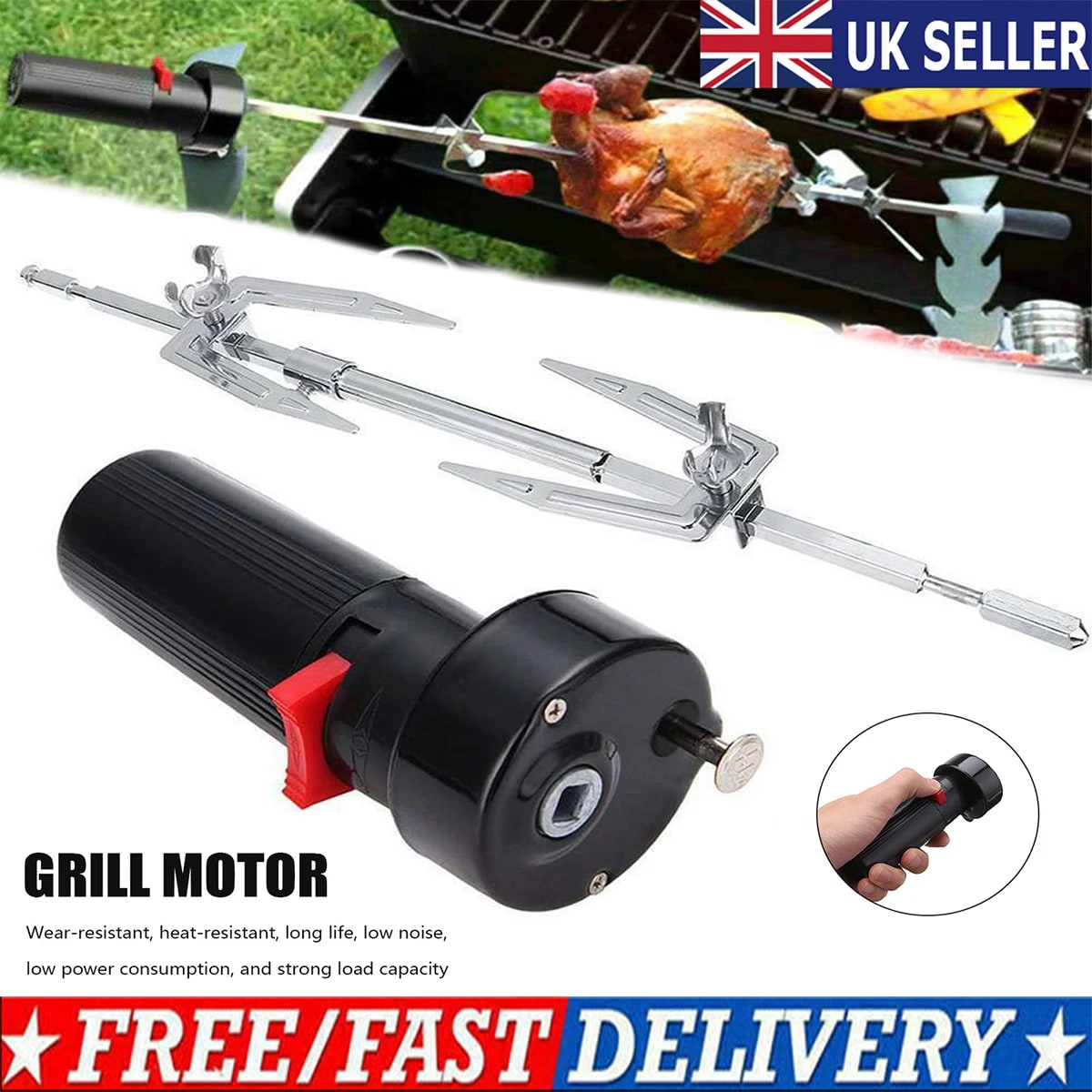 Electric BBQ Rotisserie Motor and Stainless Steel Fork Kit, 1.5V D Battery