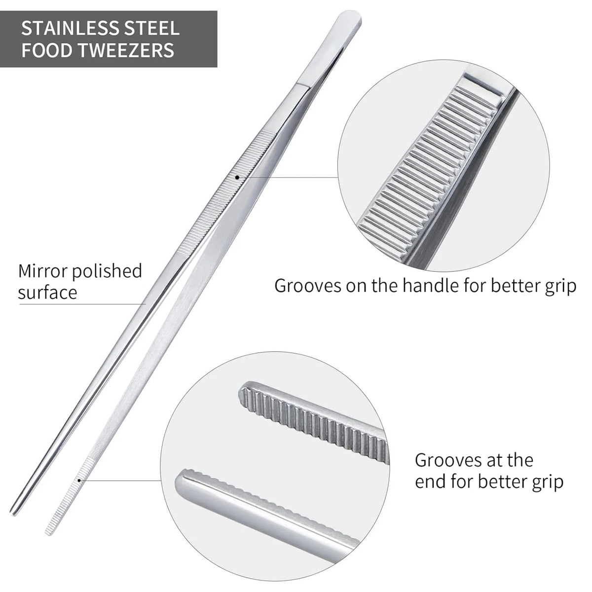 Stainless Steel Food Tweezers with Serrated Tips, 20cm or 30cm