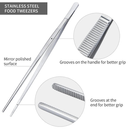 Stainless Steel Food Tweezers with Serrated Tips, 20cm or 30cm