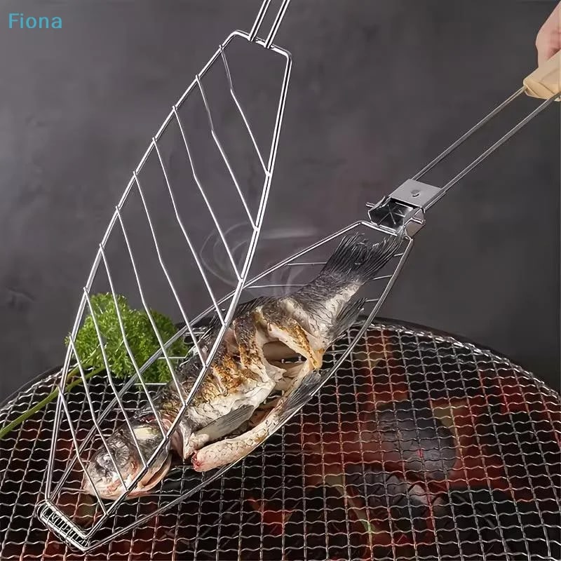 Stainless Steel Fish Grilling Basket with Wooden Handle for BBQ