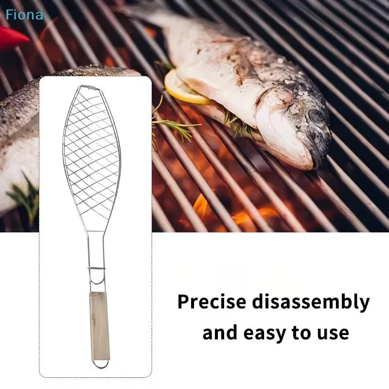 Stainless Steel Fish Grilling Basket with Wooden Handle for BBQ